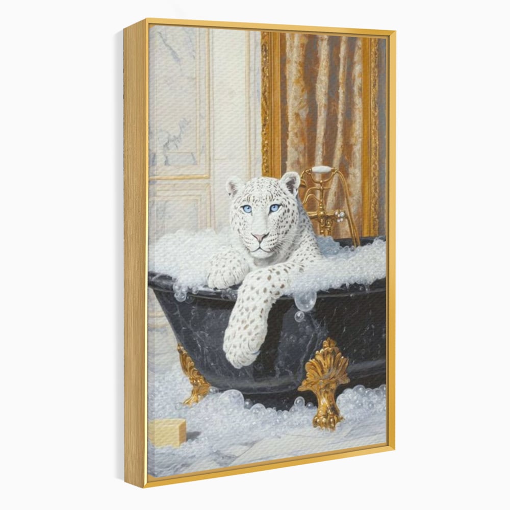 Tablou canvas cu tablou canvas cu leopard alb in cada, in rama de aluminiu auriu